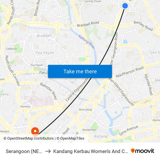 Serangoon (NE12|CC13) to Kandang Kerbau Women's And Children's Hospital map