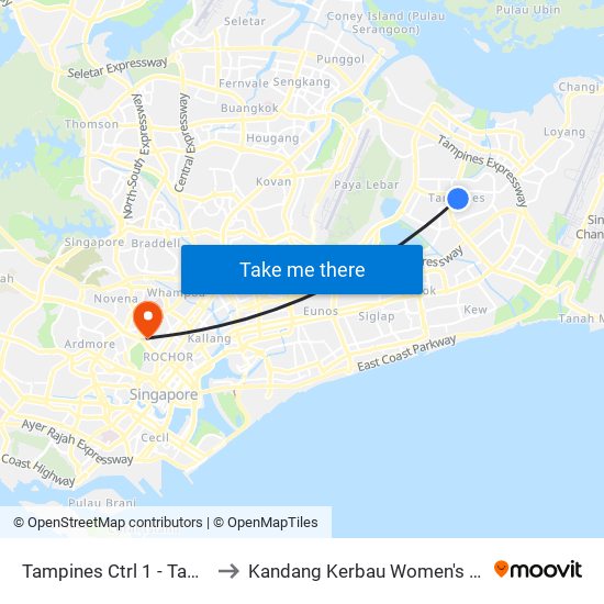 Tampines Ctrl 1 - Tampines Int (75009) to Kandang Kerbau Women's And Children's Hospital map