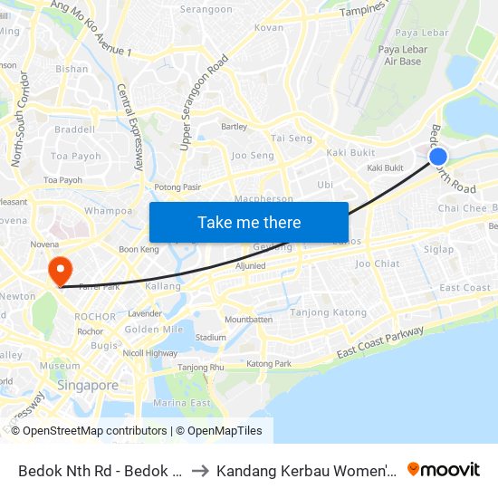 Bedok Nth Rd - Bedok Nth Stn Exit B (84539) to Kandang Kerbau Women's And Children's Hospital map