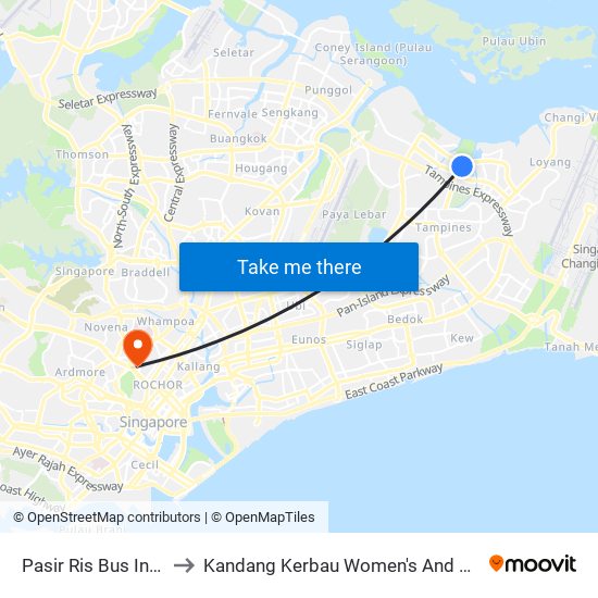 Pasir Ris Bus Interchange to Kandang Kerbau Women's And Children's Hospital map