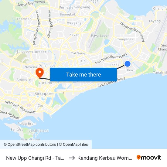 New Upp Changi Rd - Tanah Merah Stn Exit A (85099) to Kandang Kerbau Women's And Children's Hospital map