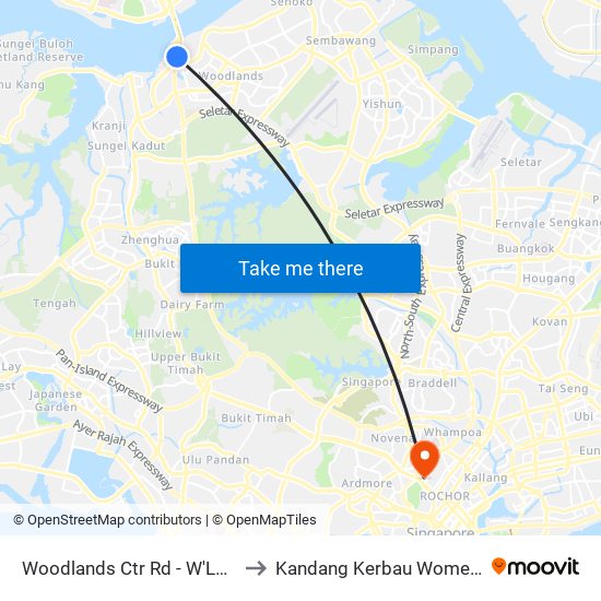 Woodlands Ctr Rd - W'Lands Train Checkpt (46069) to Kandang Kerbau Women's And Children's Hospital map