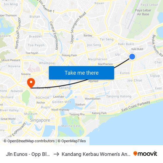 Jln Eunos - Opp Blk 322 (72019) to Kandang Kerbau Women's And Children's Hospital map