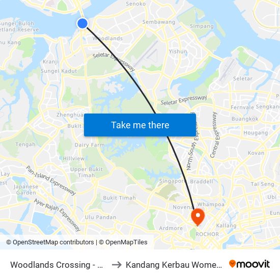 Woodlands Crossing - W'Lands Checkpt (46109) to Kandang Kerbau Women's And Children's Hospital map