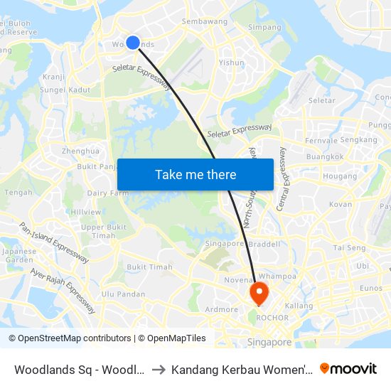 Woodlands Sq - Woodlands Temp Int (47009) to Kandang Kerbau Women's And Children's Hospital map