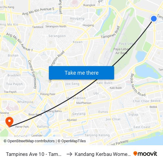 Tampines Ave 10 - Tampines Wafer Fab Pk (75351) to Kandang Kerbau Women's And Children's Hospital map