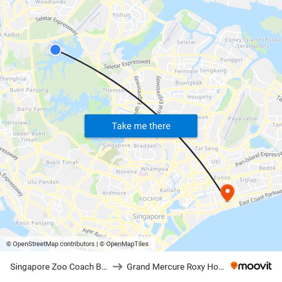 Singapore Zoo Coach Bay to Grand Mercure Roxy Hotel map