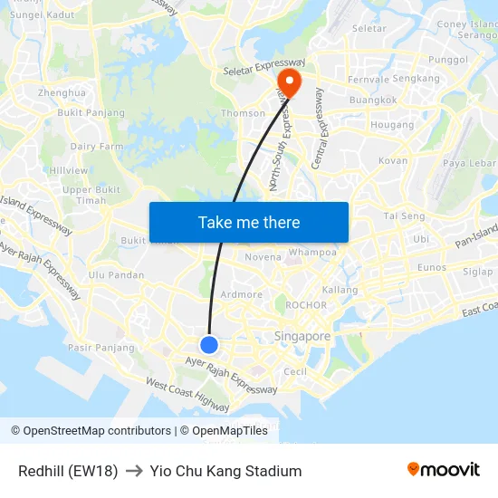Redhill (EW18) to Yio Chu Kang Stadium map