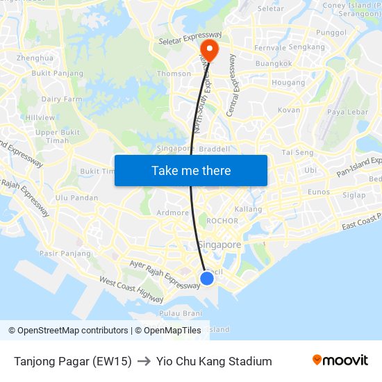 Tanjong Pagar (EW15) to Yio Chu Kang Stadium map