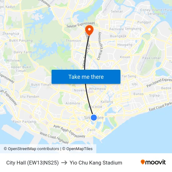 City Hall (EW13|NS25) to Yio Chu Kang Stadium map