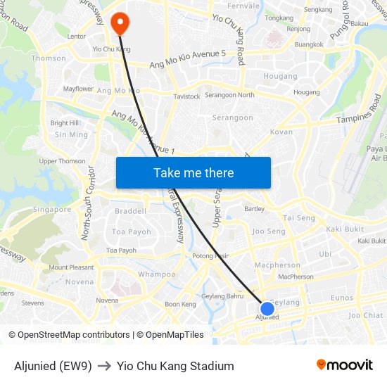 Aljunied (EW9) to Yio Chu Kang Stadium map