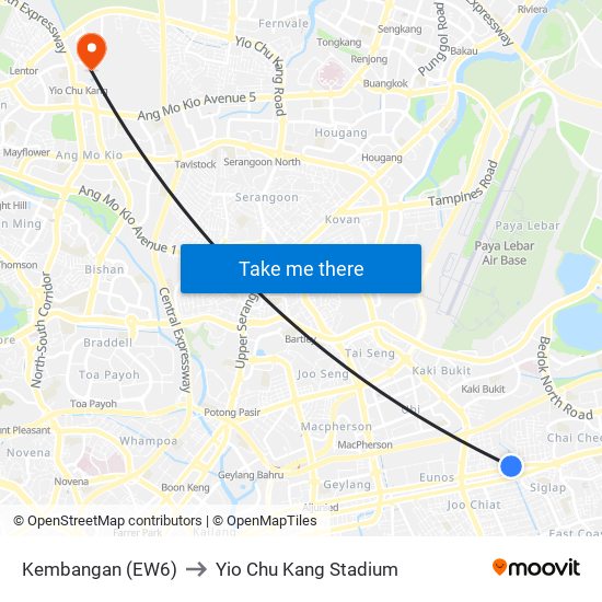 Kembangan (EW6) to Yio Chu Kang Stadium map