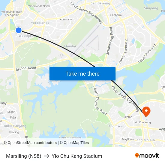 Marsiling (NS8) to Yio Chu Kang Stadium map
