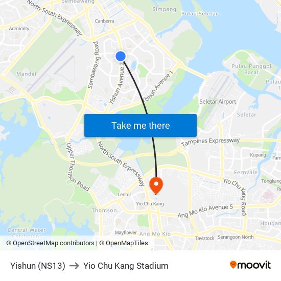 Yishun (NS13) to Yio Chu Kang Stadium map