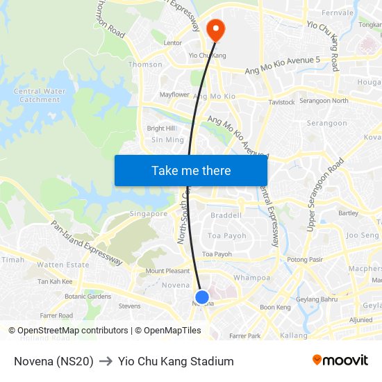 Novena (NS20) to Yio Chu Kang Stadium map