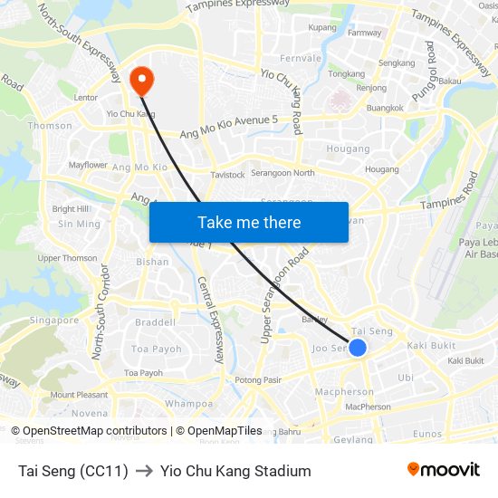 Tai Seng (CC11) to Yio Chu Kang Stadium map