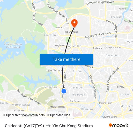 Caldecott (Cc17|Te9) to Yio Chu Kang Stadium map