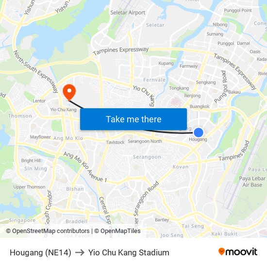 Hougang (NE14) to Yio Chu Kang Stadium map