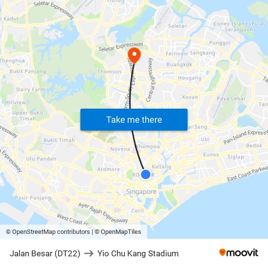 Jalan Besar (DT22) to Yio Chu Kang Stadium map