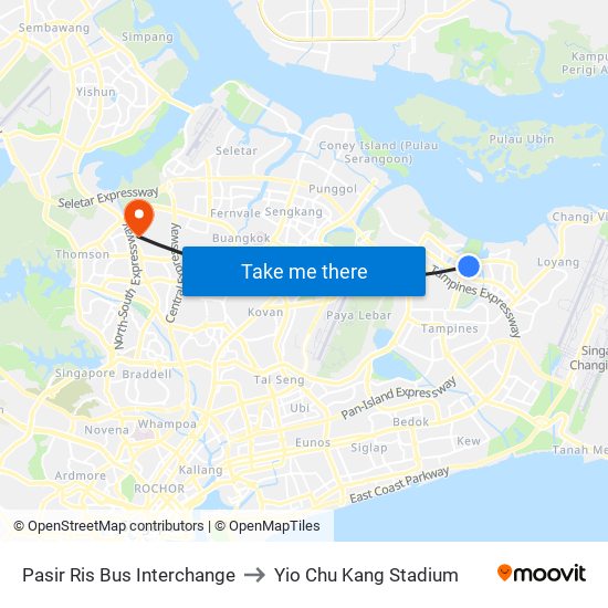 Pasir Ris Bus Interchange to Yio Chu Kang Stadium map