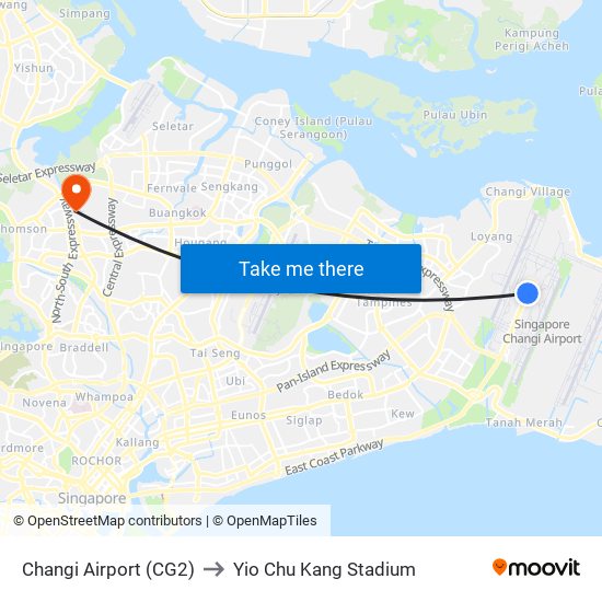 Changi Airport (CG2) to Yio Chu Kang Stadium map