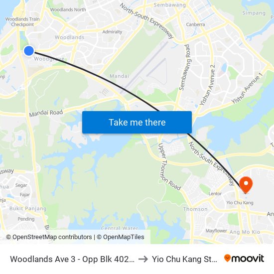 Woodlands Ave 3 - Opp Blk 402 (46499) to Yio Chu Kang Stadium map