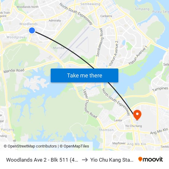 Woodlands Ave 2 - Blk 511 (46331) to Yio Chu Kang Stadium map