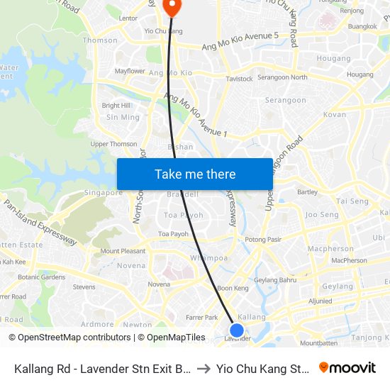 Kallang Rd - Lavender Stn Exit B (01311) to Yio Chu Kang Stadium map