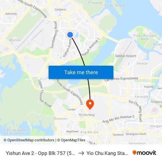 Yishun Ave 2 - Opp Blk 757 (59069) to Yio Chu Kang Stadium map
