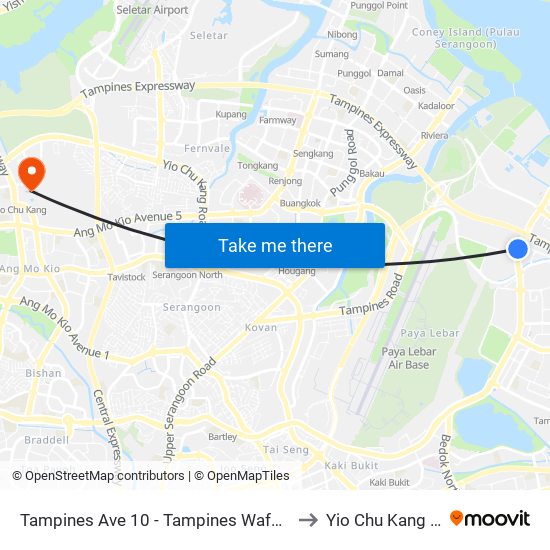 Tampines Ave 10 - Tampines Wafer Fab Pk (75351) to Yio Chu Kang Stadium map