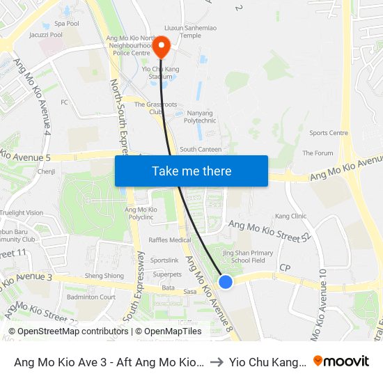 Ang Mo Kio Ave 3 - Aft Ang Mo Kio Stn Exit A (54261) to Yio Chu Kang Stadium map