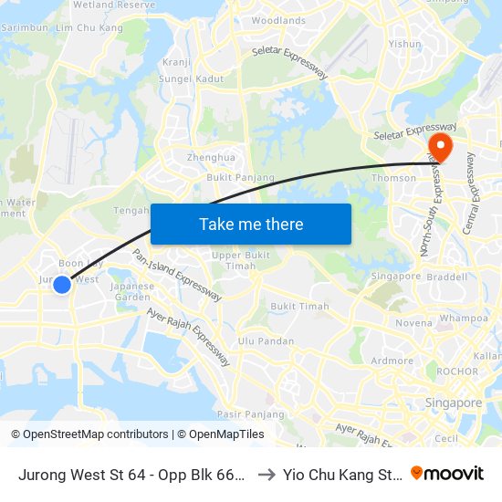 Jurong West St 64 - Opp Blk 662c (22499) to Yio Chu Kang Stadium map