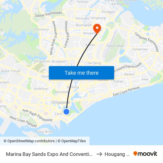 Marina Bay Sands Expo And Convention Centre to Hougang Mall map