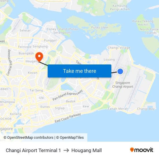 Changi Airport Terminal 1 to Hougang Mall map