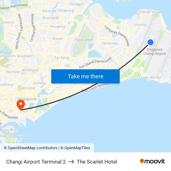 Changi Airport Terminal 2 to The Scarlet Hotel map