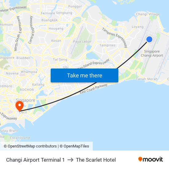 Changi Airport Terminal 1 to The Scarlet Hotel map