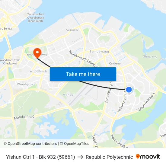 Yishun Ctrl 1 - Blk 932 (59661) to Republic Polytechnic map
