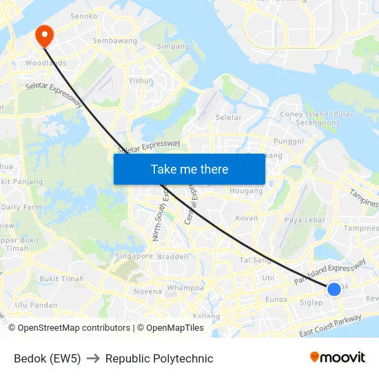 Bedok (EW5) to Republic Polytechnic map