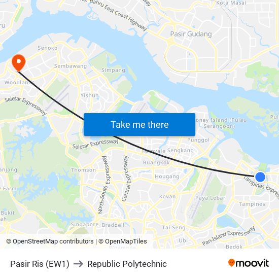 Pasir Ris (EW1) to Republic Polytechnic map