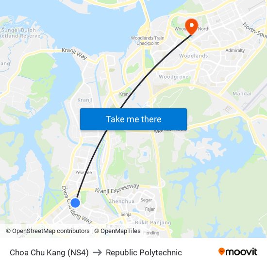 Choa Chu Kang (NS4) to Republic Polytechnic map