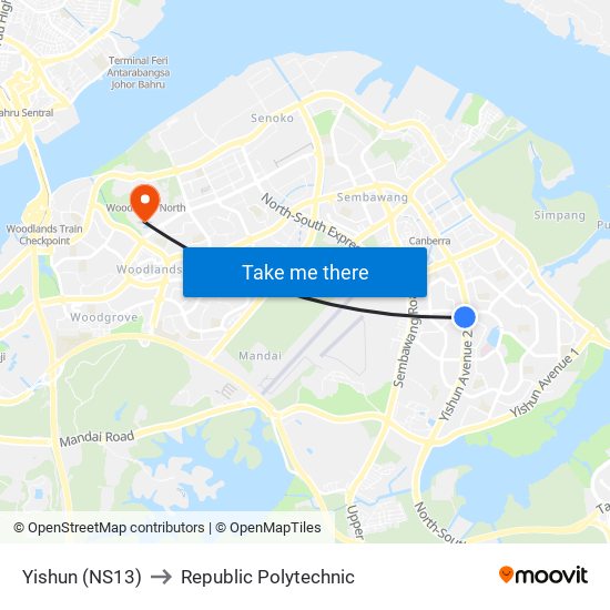 Yishun (NS13) to Republic Polytechnic map