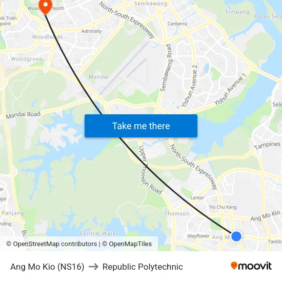 Ang Mo Kio (NS16) to Republic Polytechnic map