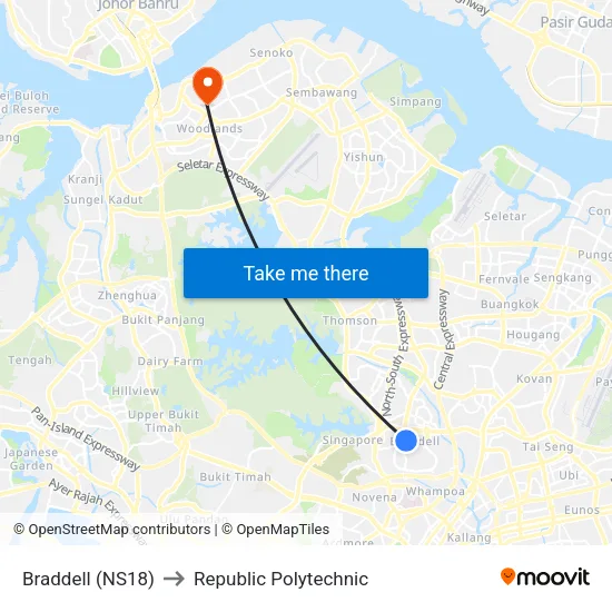 Braddell (NS18) to Republic Polytechnic map