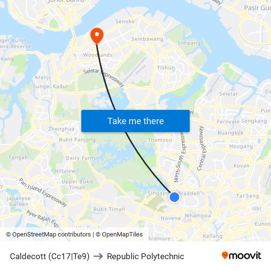 Caldecott (Cc17|Te9) to Republic Polytechnic map