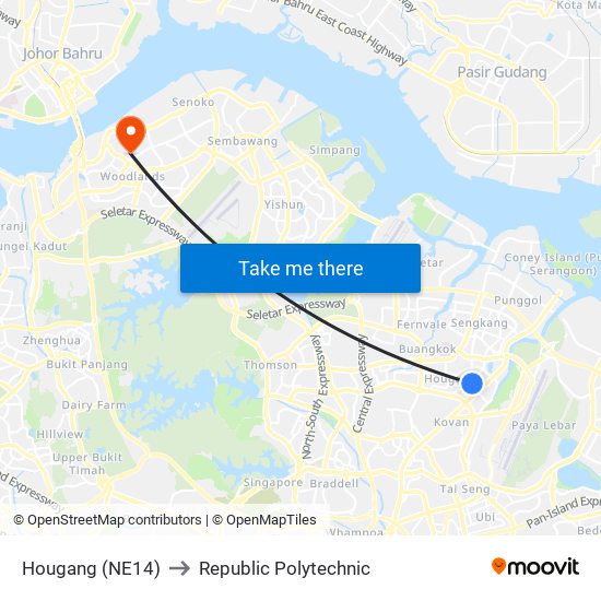 Hougang (NE14) to Republic Polytechnic map