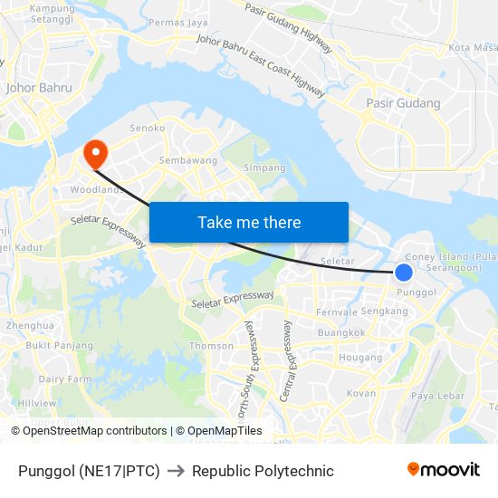 Punggol (NE17|PTC) to Republic Polytechnic map