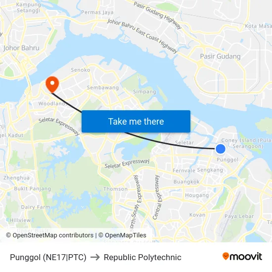 Punggol (NE17|PTC) to Republic Polytechnic map