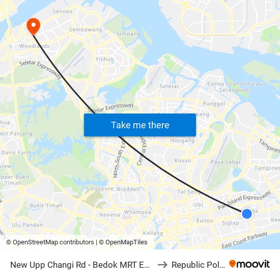 New Upp Changi Rd - Bedok MRT Exit A (Taxi Stand I08) to Republic Polytechnic map