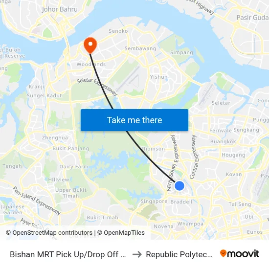 Bishan MRT Pick Up/Drop Off Point to Republic Polytechnic map