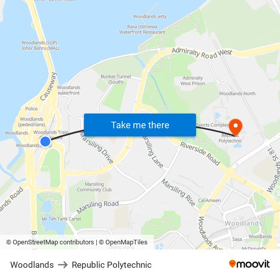Woodlands to Republic Polytechnic map